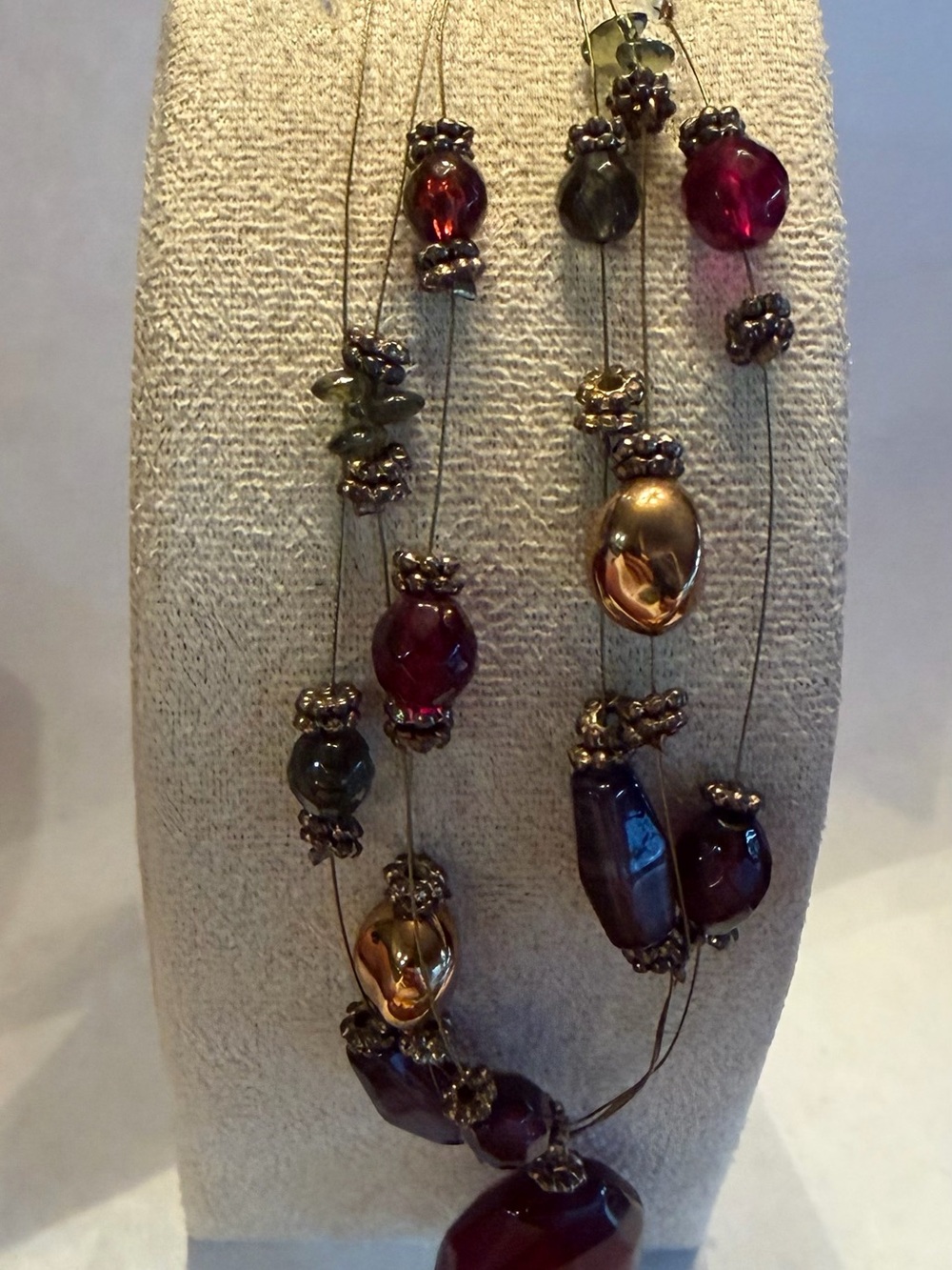 Multi-Strand Garnet and Gold-Tone Beaded Necklace